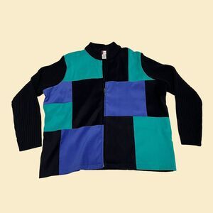 Jennifer Moore Y2K block pattern jacket, vintage 2000s knit purple/teal jacket